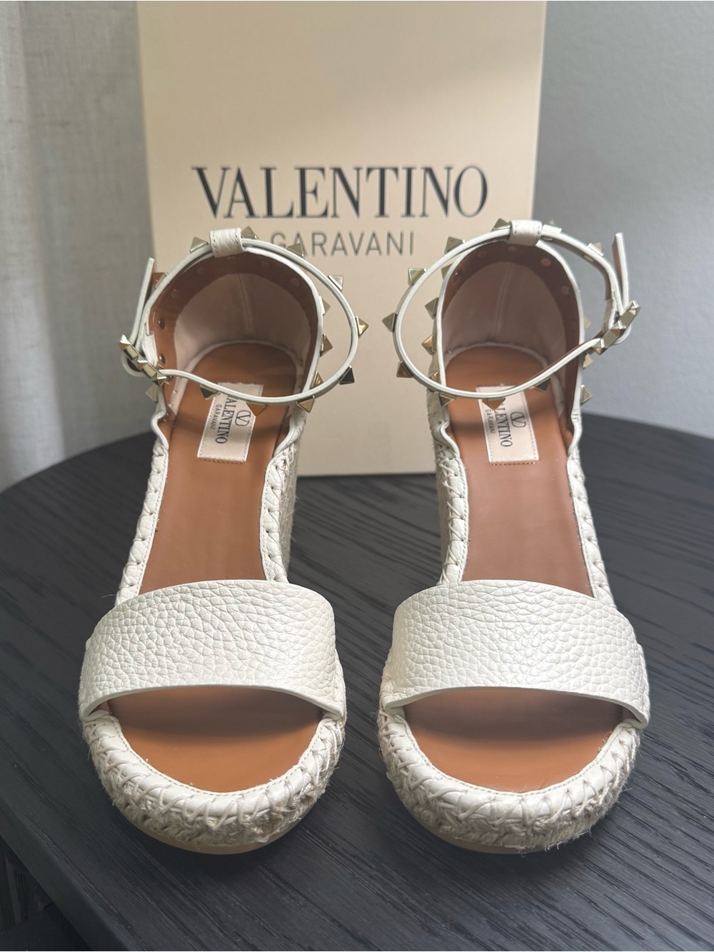 Valentino Garavani Rockstud Espadrille Wedge Sandals Ivory 37 - Picture 4 of 8